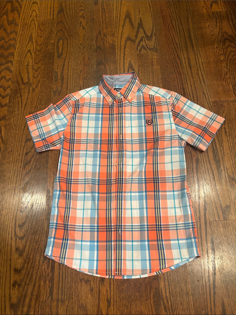 Chaps Boys Orange, Blue & White Plaid Short-Sleeve Button-Down Shirt